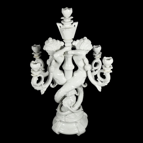 344 - An ornate 5-branch ceramic candelabrum, with mermaid figure supports, H62cm