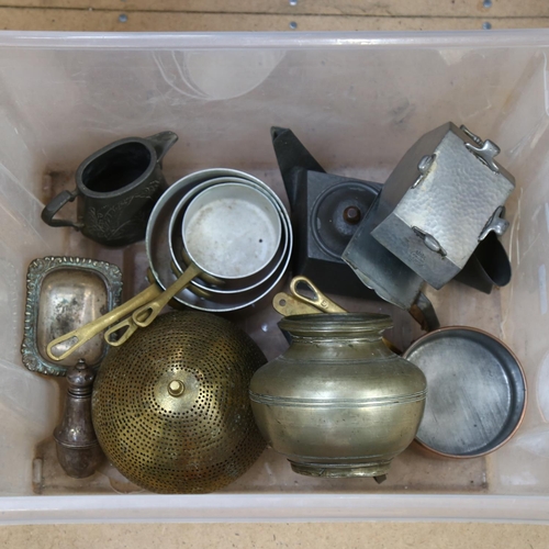 359 - A set of copper pans, pewter tea set, brass ware etc