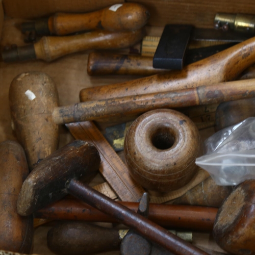 364 - A box of Vintage tools, including rules, hammers, draw knobs etc