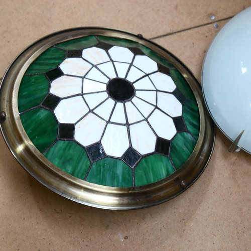 366 - A modern ceiling light fitting with leadlight panel, and a green and white leadlight ceiling shade, ... 