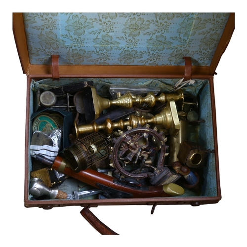 367 - A leather case containing replica pistol, candlesticks, bottle stopper etc