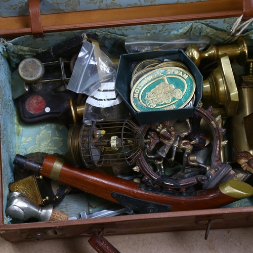 367 - A leather case containing replica pistol, candlesticks, bottle stopper etc