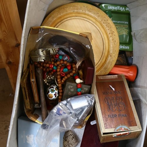 368 - A box containing Simon & Halbig porcelain-headed doll, table linen, mirror, costume jewellery, cigar... 