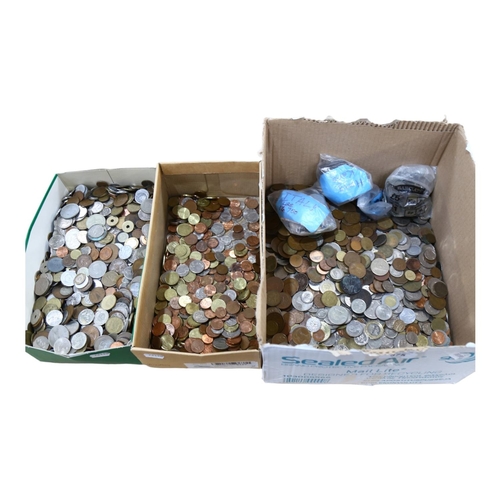 375 - 3 boxes containing various world coinage, and British pre-decimal coinage