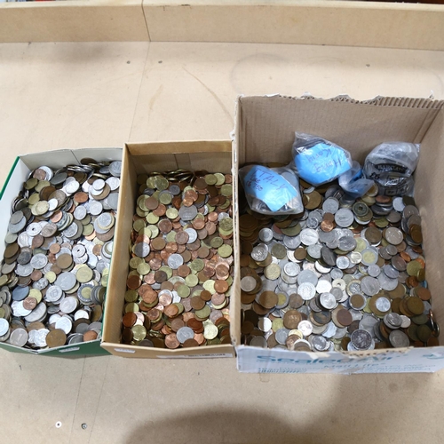 375 - 3 boxes containing various world coinage, and British pre-decimal coinage