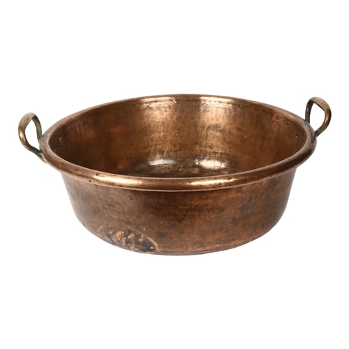 380 - 19th century copper preserve pan with brass handles, 47cm across