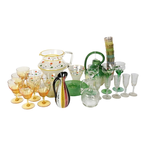 383 - A glass water set with painted flowers, tots, Art pottery water can etc