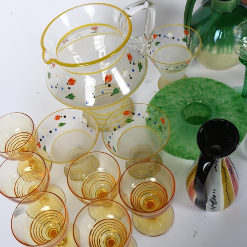 383 - A glass water set with painted flowers, tots, Art pottery water can etc