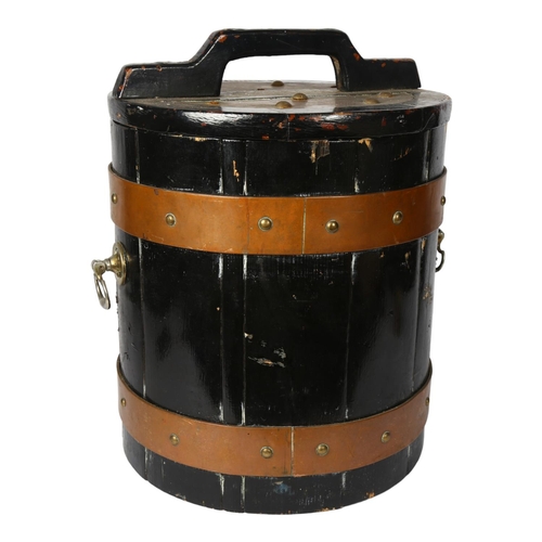 386 - A copper-bound painted coopered wood container with metal liner, with cover, and drop handles, H46cm... 