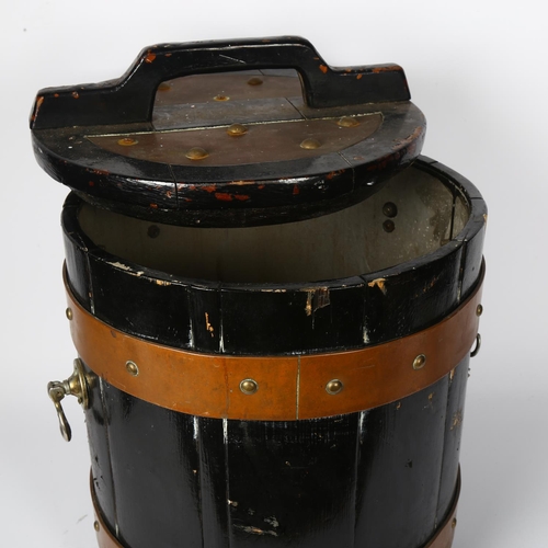 386 - A copper-bound painted coopered wood container with metal liner, with cover, and drop handles, H46cm... 