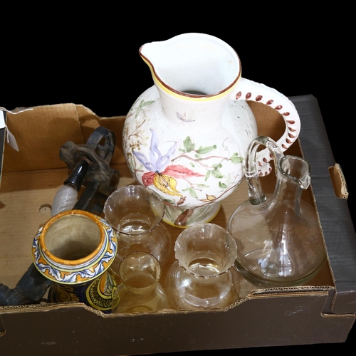 398 - A large West German wash jug, floral decoration, blue back stamp to the base, H35cm, and glass jug, ... 