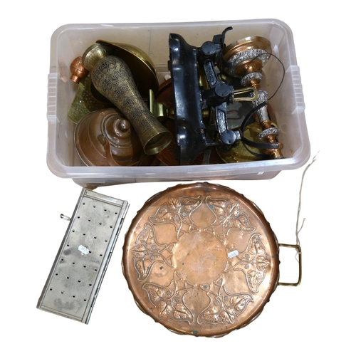 400 - An Art Nouveau copper tray, A/F, a kettle, a candlestick, an Eastern brass vase etc