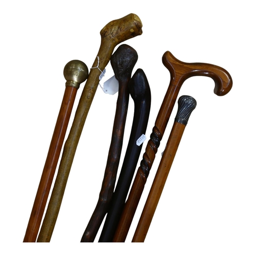 405 - 6 walking sticks, including 1 with silver knop