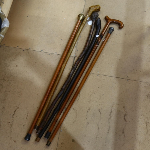 405 - 6 walking sticks, including 1 with silver knop