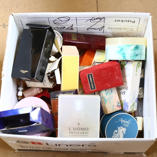 438 - A boxful of French cosmetic items, boxed perfumes and eau de toilettes etc