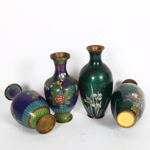 465 - 2 pairs of cloisonne vases, green ground with floral decoration, H18cm, and blue ground with blossom... 