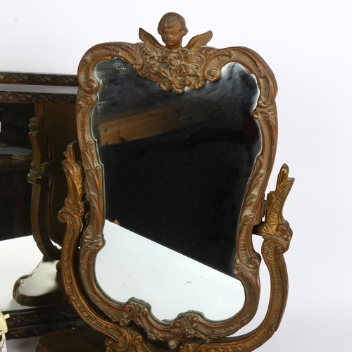 489 - A Vintage triple dressing table mirror in moulded frame, H47cm, another mirror, and a table lamp