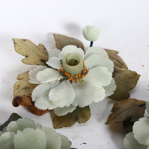 500 - A set of 3 Oriental candlesticks, designed as hardstone waterlilies, approx 20cm across