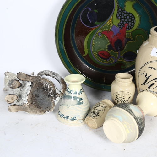 518 - A Virol jar, H23.5cm, and 3 smaller jars, a crackle glaze cat, a Gouda table centre dish, etc