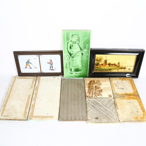 519 - A pair of framed Dutch Delph tiles, 2 George Cartlidge Dickensian figure tiles, H30cm, and 6 others