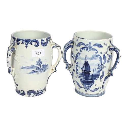 527 - A pair of Royal Bonn blue and white transfer decorated 3-handled vases, height 18cm