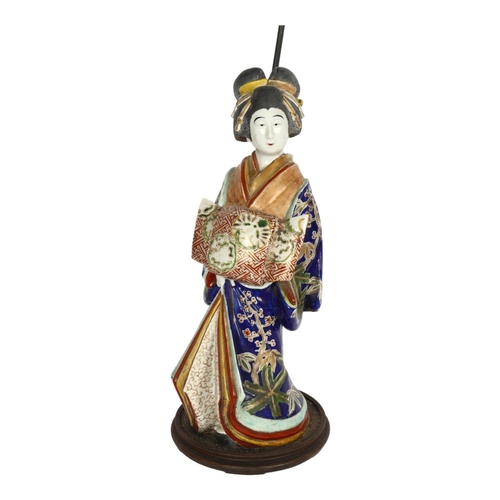 530 - A Japanese porcelain figure table lamp, with painted and gilded robes, height to top of figure 40cm