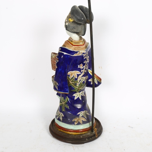 530 - A Japanese porcelain figure table lamp, with painted and gilded robes, height to top of figure 40cm