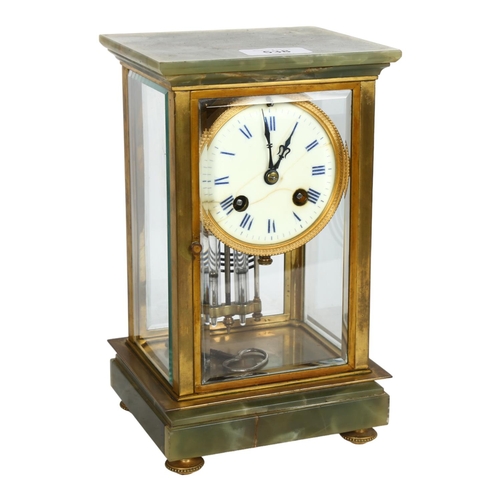 538 - An onyx and brass clock, with mercury pendulum and 2-train movement, H24cm