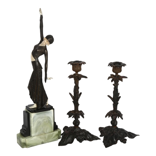 539 - An Art Deco style composition figure of a dancing girl, on onyx plinth, H40cm, and a pair of pressed... 