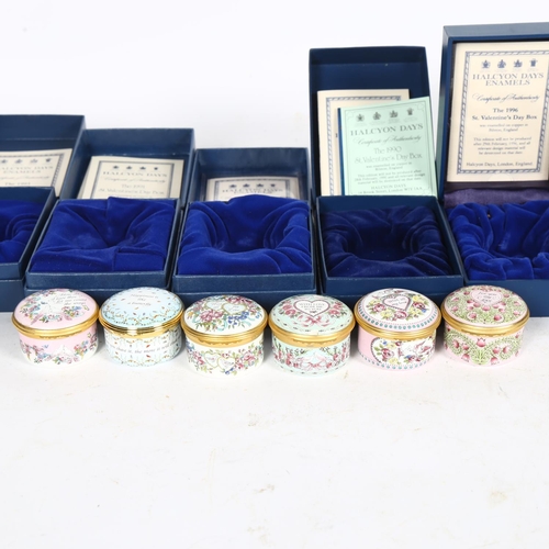 547 - 6 Halcyon Days enamelled pillboxes, Valentine's Day, various years, boxed