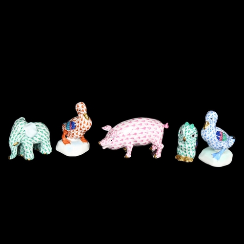 562 - 5 Herend porcelain animals - 2 ducks, elephant, pig and owl, duck height 6.5cm