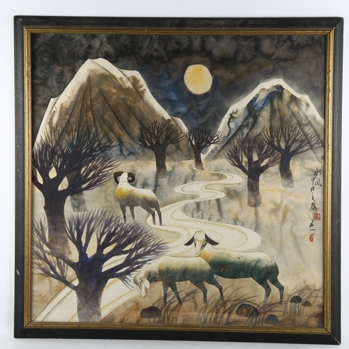 2893 - Chinese School, watercolour, sheep by moonlight, signed with chop, 64cm x 64cm, framed