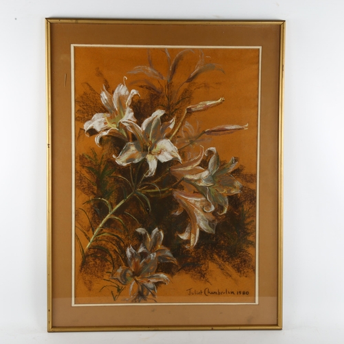 2950 - Juliet Chamberlain, wayward lilies, coloured pastels, signed and dated 1980, Exhibition label verso,... 