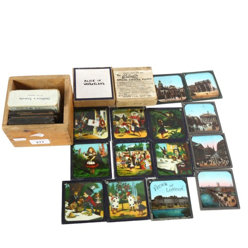 277 - A quantity of Antique glass magic lantern slides, slides include boxed Gulliver's Travels, Junior Le... 