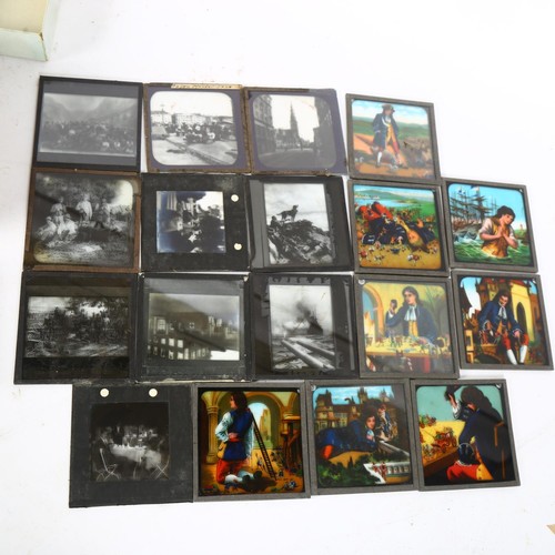 277 - A quantity of Antique glass magic lantern slides, slides include boxed Gulliver's Travels, Junior Le... 