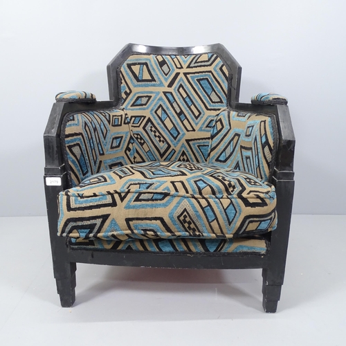 2179 - A French Art Deco tub lounge chair with ebonised frame, later reupholstered.