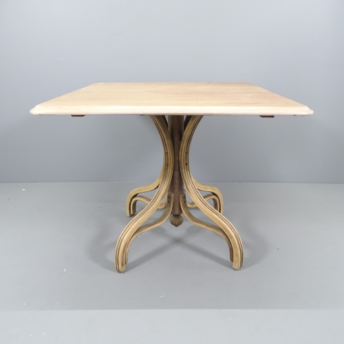 2205 - A modern limed-oak effect square top table on bentwood base. 91x74cm.