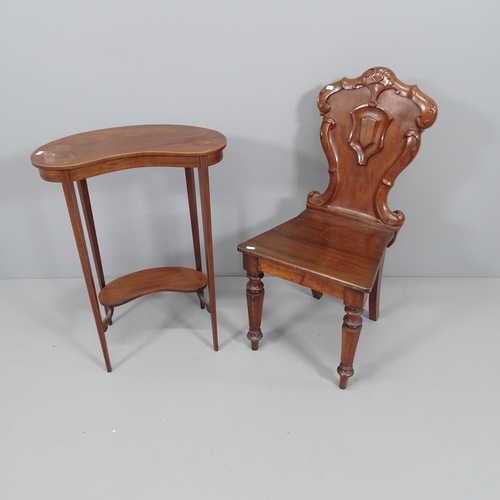 2217 - An antique mahogany hall chair, with shield carved back, and a kidney-shaped two-tier occasional tab... 