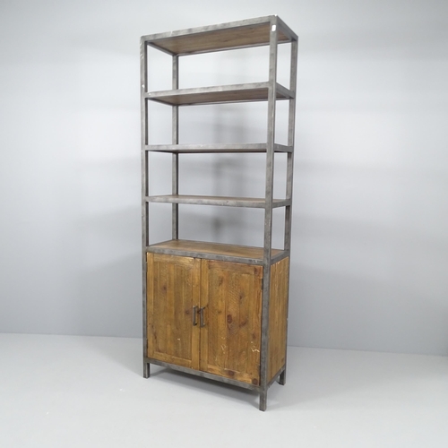 2227 - A contemporary metal framed shelving unit, with cupboards under and label for Lombok. 80x200x37cm.