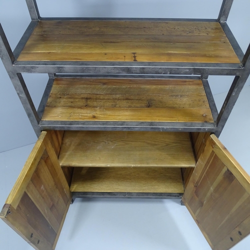 2227 - A contemporary metal framed shelving unit, with cupboards under and label for Lombok. 80x200x37cm.