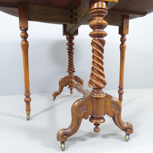 2228 - A Victorian burr walnut oval Sutherland drop-leaf table, on mahogany base. 90x72x14cm (extending to ... 