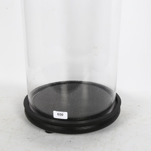 650 - A large modern glass dome on wooden base, height including base 76cm