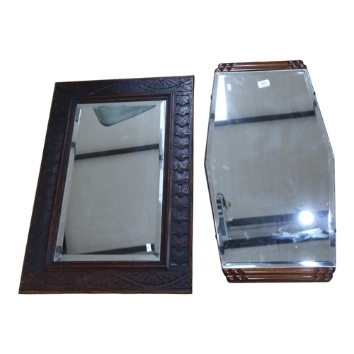 682 - A carved oak framed bevel-edge wall mirror, H49cm, and an Art Deco wall mirror