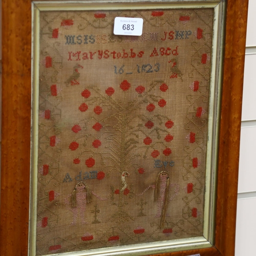 683 - A Georgian cross-stitch sampler by Mary Stubbs aged 16 - 1823, maple frame, H40cm overall