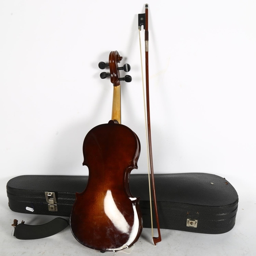 689 - A Tatra by Rosetti Stradivarius model violin, 34cm, with mother-of-pearl inlaid bow, in case