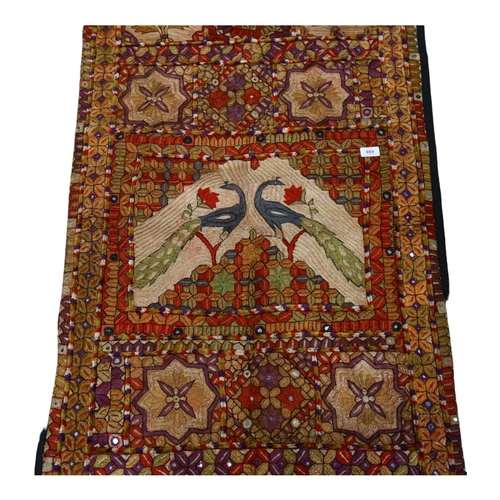 698 - A mid-20th century silk embroidered wall hanging, with design of 2 peacocks, 150cm x 75cm,