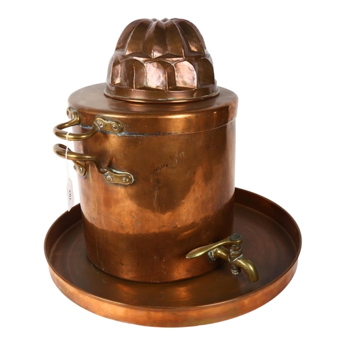 703 - Antique copper jelly mould, a copper tray, and a copper and brass tea urn and cover, H29cm