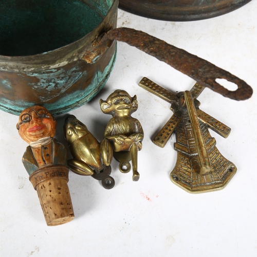 705 - Victorian brass coal scuttle with turned wood  handles, small door knockers, brass pot etc