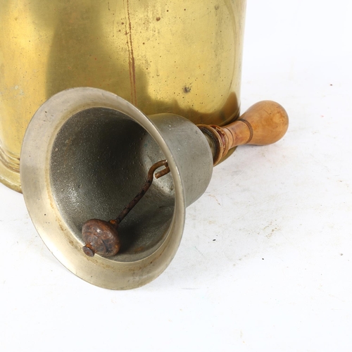 706 - Antique brass hot water can, H34cm, and a brass bell with turned wood handle