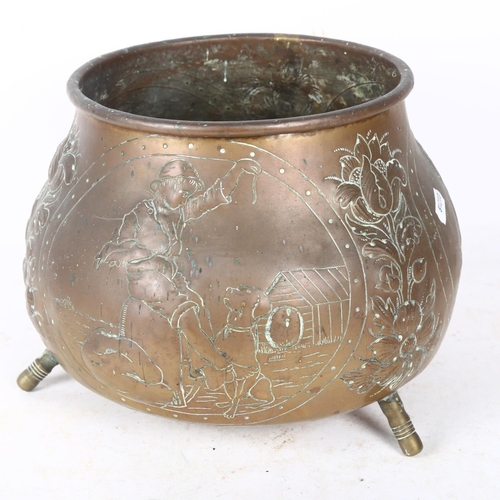 707 - Antique European copper pot on tripod supports, with figure and floral decoration, H20cm